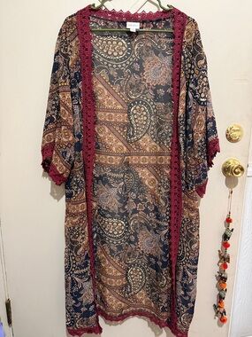 Lula Roe Paisley Boho Kimono with Burgundy Lace Trim